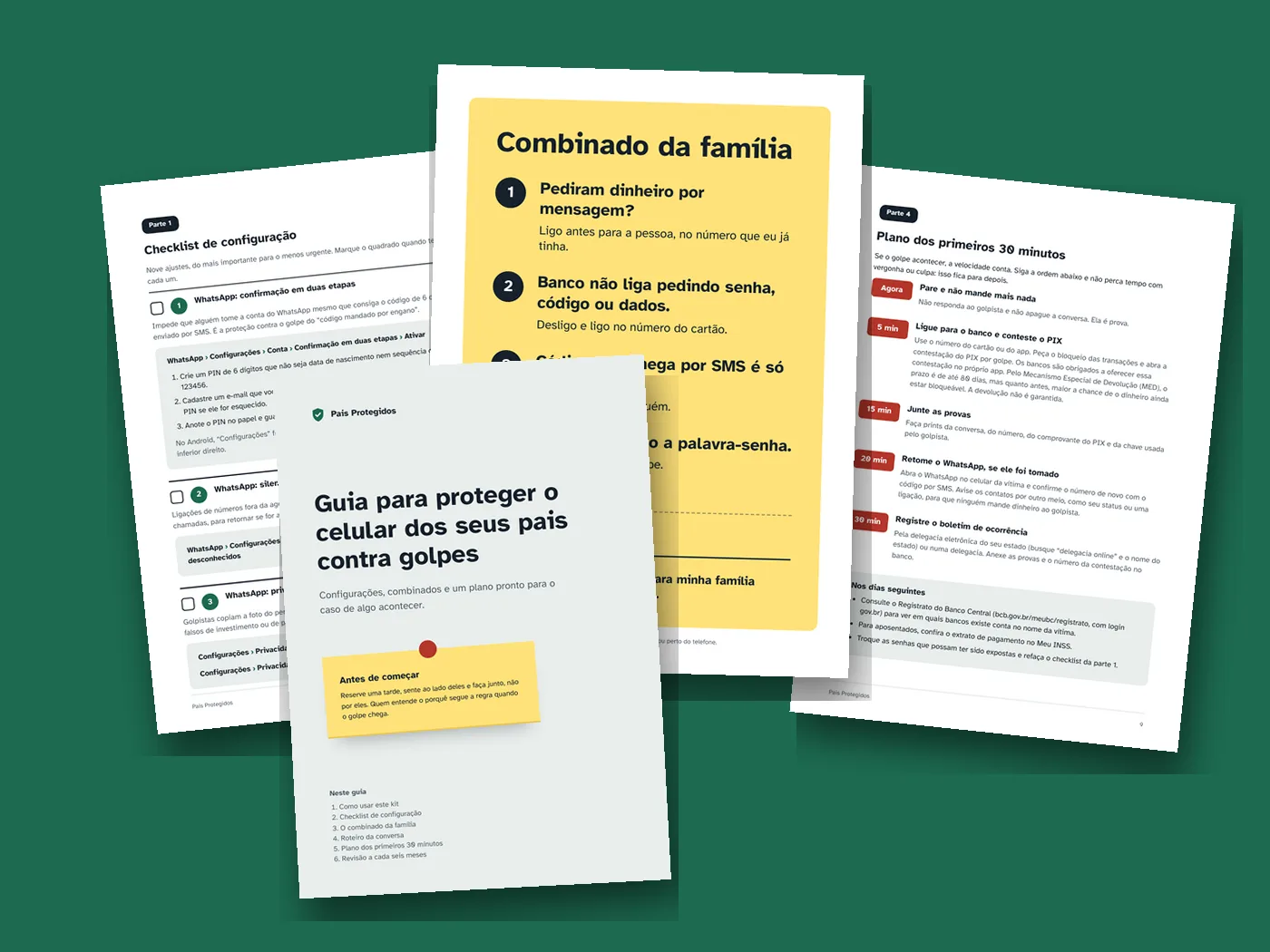 Páginas do kit Pais Protegidos: capa do guia, checklist de configuração, cartilha da geladeira e plano de emergência